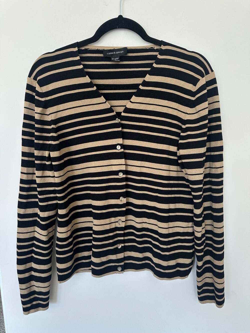 Cable & Gauge Cardigan Size L Black Tan Striped V-Neck Button Down Sweater